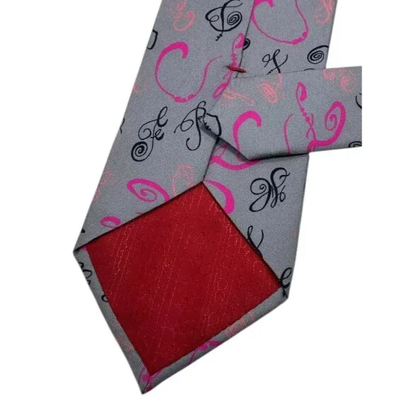 CHRISTIAN LACROIX Men's 100% Silk Necktie LUXURY Gray Monogram Logo W:3.5" EUC